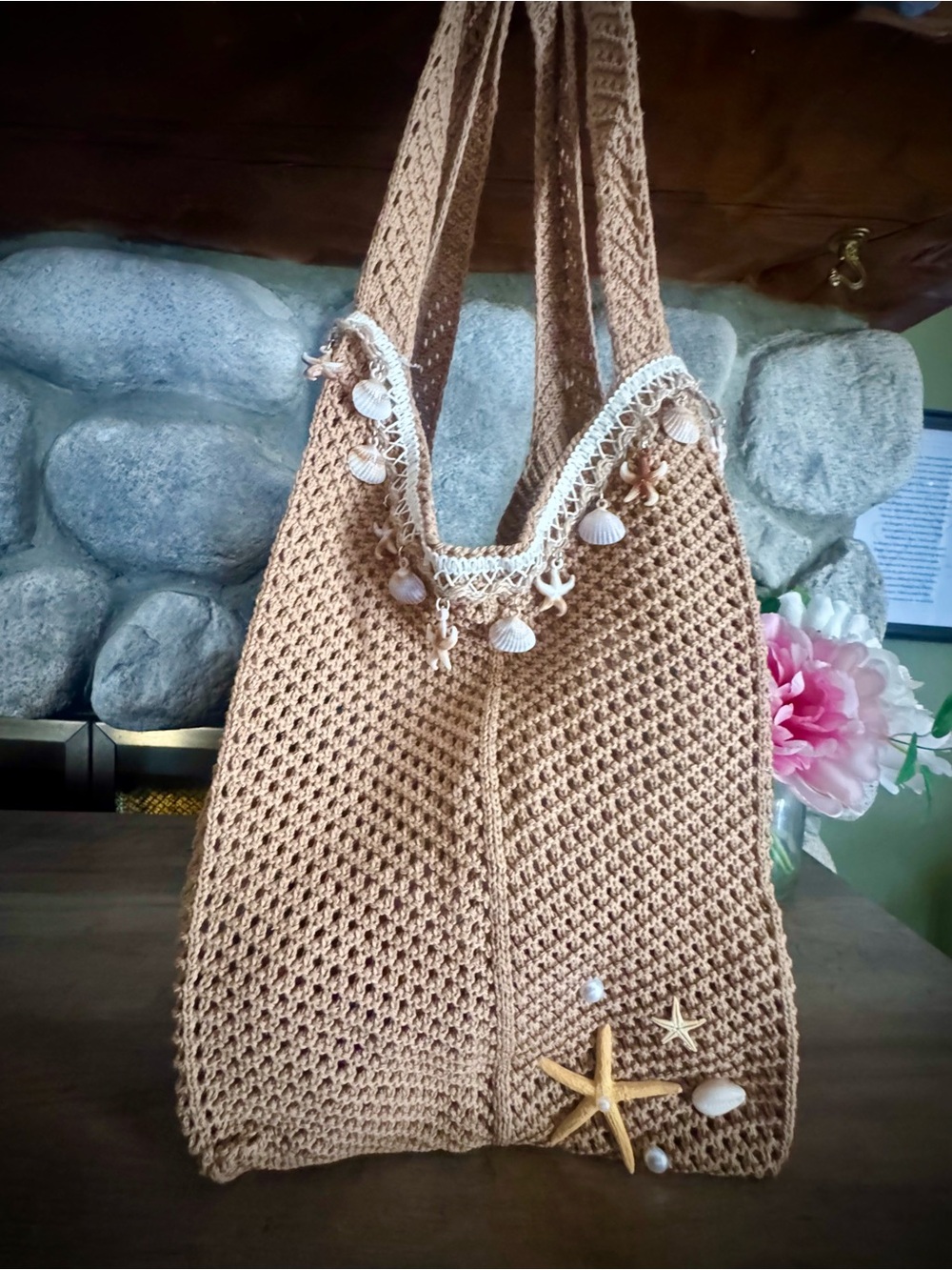 NWT Summer Crochet Tote Bag in Tan with Shell Accents and Shell Garland